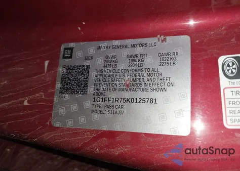 2019 Chevrolet Camaro 1Ss из США, поврежденный, VIN 1G1FF1R75K0125781